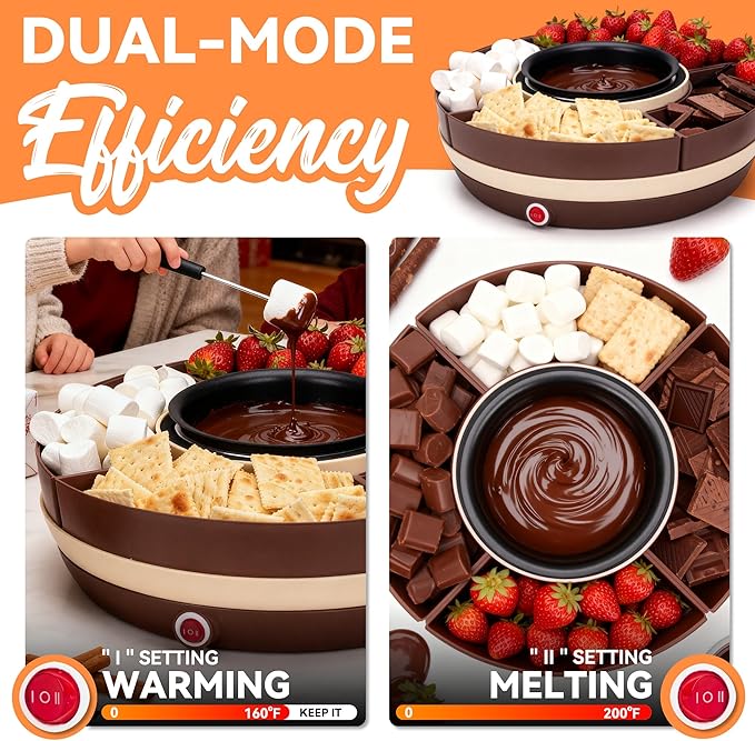 JoyMech Cheese & Chocolate Fondue Machine, Candy Melting Pot for Party, Electric Fondue Pot Set, Chocolate Warmer, Hot Chocolate Maker, 4-Section Food Tray, Brown