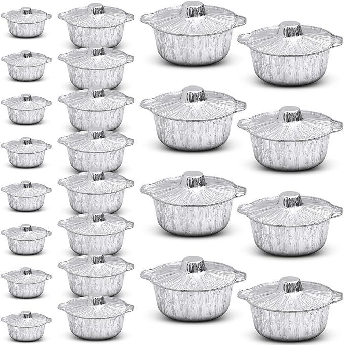 Ziliny 24 Pcs Disposable Aluminum Pot with Lid Round Foil Pans Disposable Cookware Food Container for Vacation Trips Camping Baking Heating Cooking (33.8,67.6,121.7 oz)