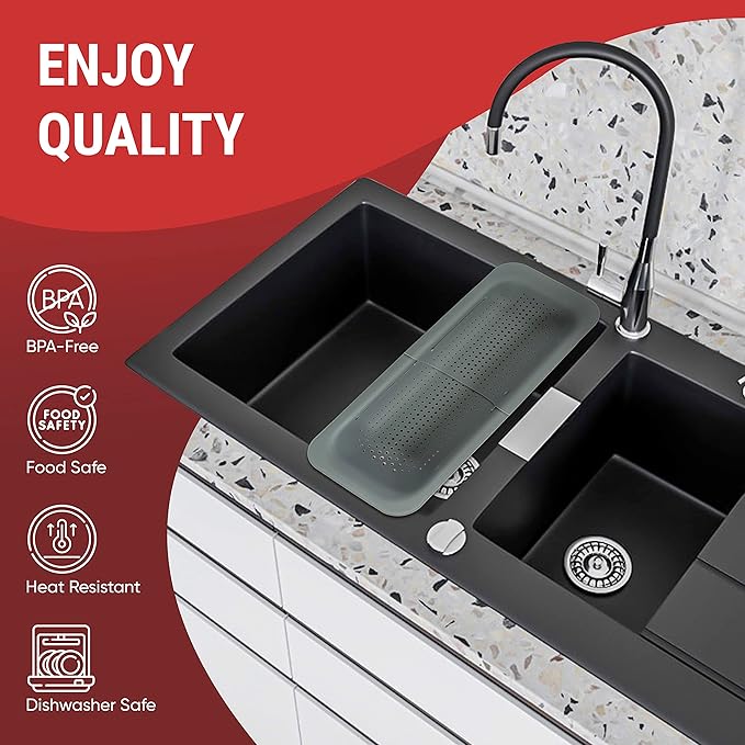Collapsible Colander, Over the Sink Colander Strainer Basket 8x14-19 inch Size, Extendable Strainers and Colanders
