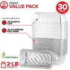 Stock Your Home Disposable Aluminum Loaf Pans with Lids, 2 Lb (30 Pack) Foil Baking Tins with Plastic Lid, Tin Pan with Cover for Cake, Banana Bread, Meatloaf, Mini Lasagna, Drip Trays