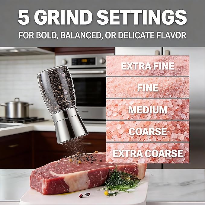 Gorgeous Salt & Pepper Grinder Set — Refillable Stainless Steel & Glass Spice Mill with Adjustable Coarseness — Perfect For Himalayan Or Sea Salts, Fresh Ground Pepper, Or Fresh Spices (1 Pack)