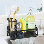 SWTYMIKI Sink Caddy Sponge Holder - Kitchen Sink Organizer with Stainless Steel Self Drain Tray & High Brush Holder for Countertop to Hold Dish Soaps and Sponges, Stainless Steel, Black