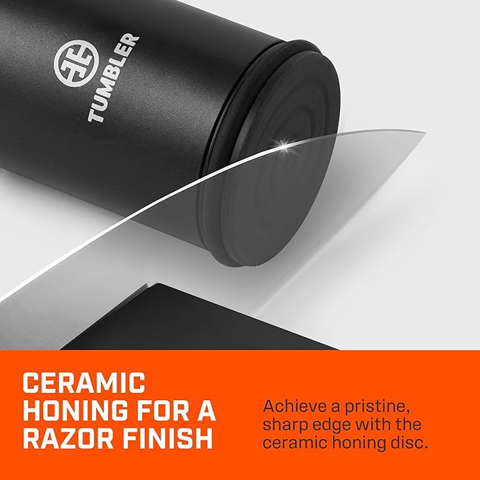 TUMBLER Pro Rolling Knife Sharpener™ - Knife Sharpening Made Easy - Ultimate Gift for Father's Day - Kit with Removable Disc System - 4-Layer Diamond Sharpening Disc & EdgeBoost Ceramic Disc (Black)