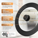LSR Loreso Universal Pan Lid for Pots Pans and Skillets 12-15 Inch - Tempered Glass Pot Lid with Auto-Sizing Silicone Rim - Black