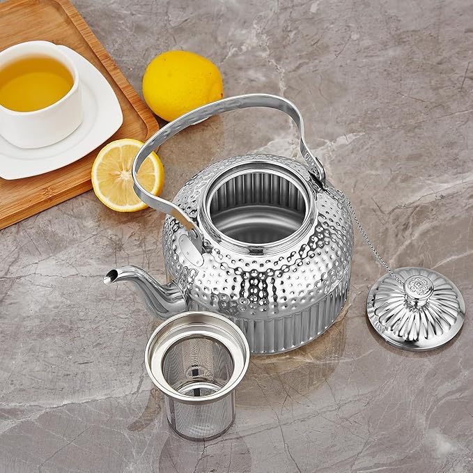 SANQIAHOME Antique 1.8L (60 Oz) Stainless Steel Teapot with Infuser Silver