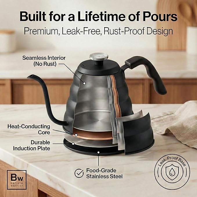 Barista Warrior Gooseneck Kettle with Thermometer - 1.2L Pour Over Coffee & Tea Kettle, 18/8 Matte Black Gooseneck Kettle Pot, Precision Pour Drip Spout, Suitable for All-Stoves (40 fl oz)