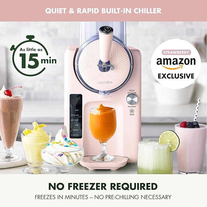 GreenPan Frost Ice Cream Maker & Slushie Machine, Soft Serve, Sorbet, Margaritas, Milkshakes, Frozen Yogurt, No Pre-Freezing, Ready in 15 Mins, 6 Modes, 7 Textures, Self-Cleaning, Family Size, Pink
