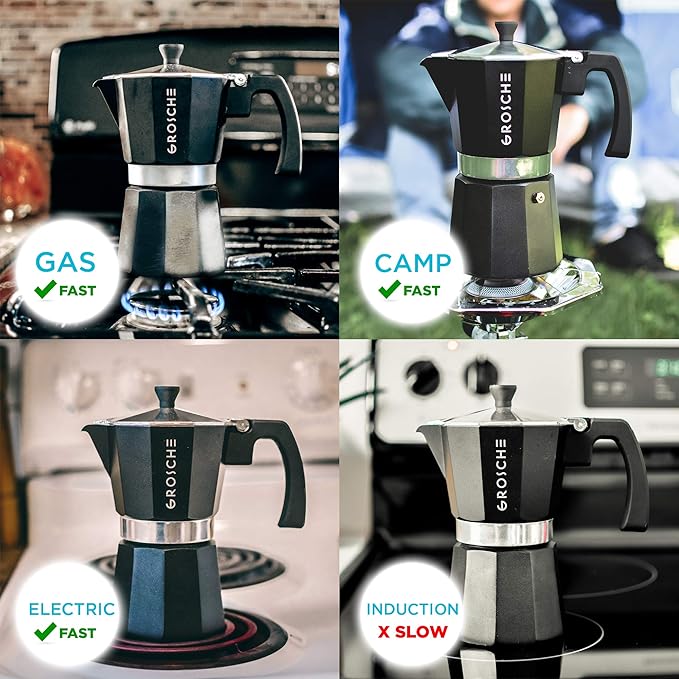GROSCHE Milano Stovetop Espresso Maker Moka Pot 3 espresso Cup - 5 oz, Black - Cuban Coffee Maker Stove top coffee maker Moka Italian espresso greca coffee maker brewer percolator