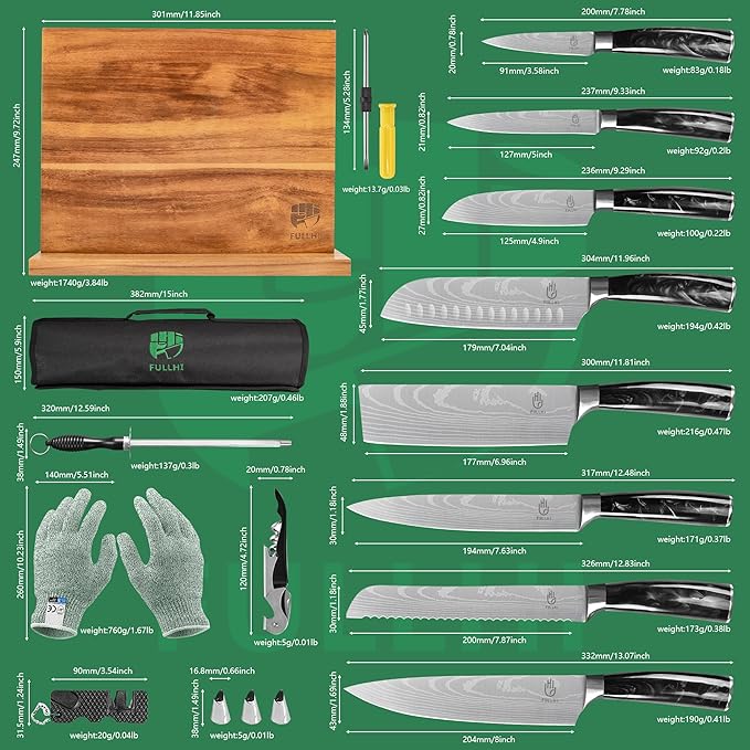 FULLHI 15pcs Japanese Knife Set with Magnetic Knife Block Holder, Japan Stainless Steel Blades, Black Resin Ergonomic Handles for Professional and Home Cooking