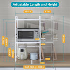 DOLALIKE Microwave Oven Rack, Expandable Microwave Stand Kitchen Countertop Organizer Utensils Storage, Carbon Steel Over Microwave Shelf with 3 Hooks (White, 3 Tier- With Storage)