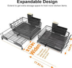Runnatal Dish Drying Rack - Expandable Dish Rack, Large Drying Dish Drainer Over Sink with Drainboard, Utensil Holder & Cup Holder, Stainless Steel Dish Strainer for Kitchen Counter, Black