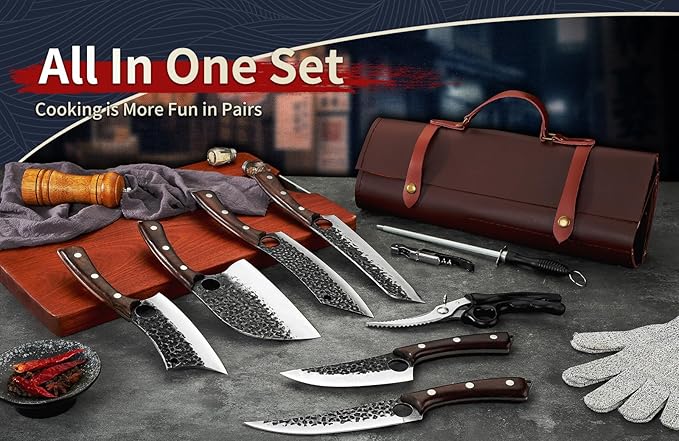 DRGSKL Serbian Chef Knife Set, Hand Forged Knife Set with Bag, Full Tang Kitchen Knife Sets with High Carbon Steel, Meat Cleaver Butcher Boning Knife for Brisket Trimming, Gift for Men Women