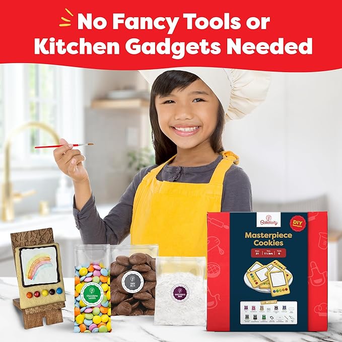 Baketivity Masterpiece Cookies Kids Baking Kit - Cooking Kit for Kids with Premeasured Ingredients, Step by Step Instructions, Paint Brushes, Art Lessons - Baking Set for Girls, Boys Ages 6-12