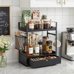 Coffee Station Organizer Countertop, Wooden Coffee Bar Accessories Organizer with Basket, 2 Mug Holder Hooks and Pod Drawer, Multifunctional 2 Tier Countertop Organizer for Kitchen, Bathroom, Office