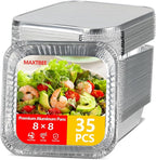 8x8 Aluminum Foil Pans with Lid, 35 Pack Disposable Trays Half Size Heavy Duty Tin Pans Deep Food Containers For Cooking, Meal Prep, Baking, Roasting, Chafing, Heating or Steam Table