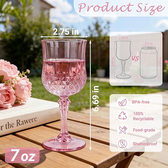 Plastic Wine Glasses, Plastic Goblets Vintage Style Cordial Unbreakable Drinking Glasses,Reusable Drinkware for Wedding Reception, Grand Event Party Supplies, Mother's Day(24, Pink)