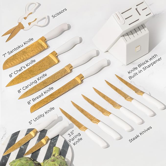 STYLED SETTINGS Knife Set with Built-in Sharpener – 14 PC Golden Titanium-Coated Stainless Steel Blades with Elegant Floral Pattern, Ultra-Sharp, Durable Kitchen Knife Block Set