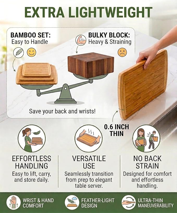 Greener Chef Luxury XL Bamboo Cutting Board Set of 3 with Vertical Grain Strength Technology - Extra Large Wood Cutting Boards for Kitchen and Lightweight Chopping Board Set - Replacements for Life