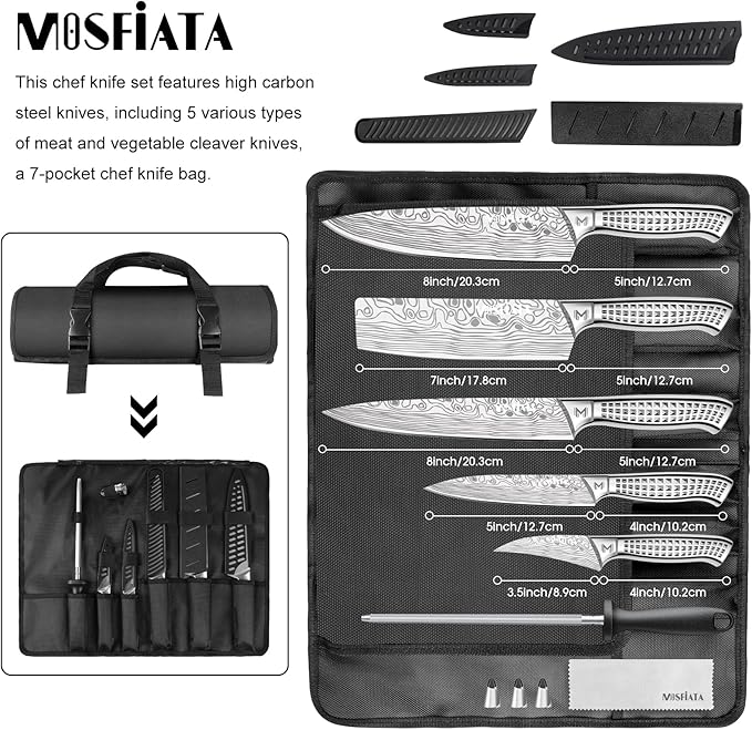 MOSFiATA Kitchen Knife Set, 10 Pcs Japanese Stainless Steel Knife Sets for Kitchen with Oxford cloth storage bag with Knife Sharpening Rod, Dishwasher Safe, For Outdoor