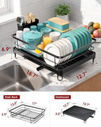 Sakugi Stainless Steel Dish Drying Rack for Kitchen Counter, Sink Organization and Storage Essentials with Silverware & Utensil Holder, Home and Apartment Decor, 12.5''W x 16.5'L, Black