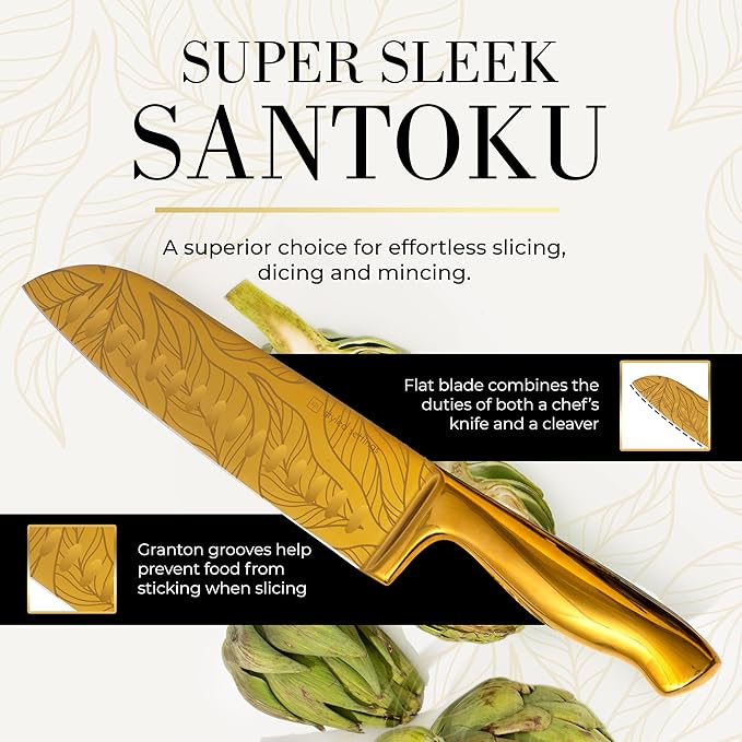 Gold Knife Set For Kitchen -14-Piece Titanium-Coated Blades with Etched Leaves Pattern, Ultra-Sharp Stainless Steel, Durable & Stylish Kitchen Knife Block Set