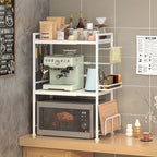 DOLALIKE Microwave Oven Rack, Expandable Microwave Stand Kitchen Countertop Organizer Utensils Storage, Carbon Steel Over Microwave Shelf with 3 Hooks (White, 3 Tier- With Storage)