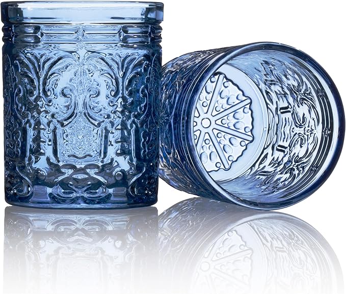 Godinger Old Fashioned Whiskey Glasses, Drinking Glasses, Vintage Decor, Glass Cups, Water Glasses, Cocktail Glasses - Jax Collection, 12oz, Blue, Set of 4