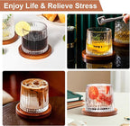 Rotatable Old Fashioned Glass, 275ml/10oz Crystal Whiskey Glass Set of 4, Wood Coaster, Thickening, Used as Rum Glass, Cocktail Cup, Coffee Cup, Milk Cup to Relax and Reduce Stress, Christmas gifts