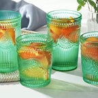 Loivttvv 12pcs Vintage Drinking Glasses Set, 12 oz Highball Glasses & 9 oz Embossed Ribbed Glassware Cups for Cocktail, Water, Juice, Coffee, Whiskey (Atroviens)