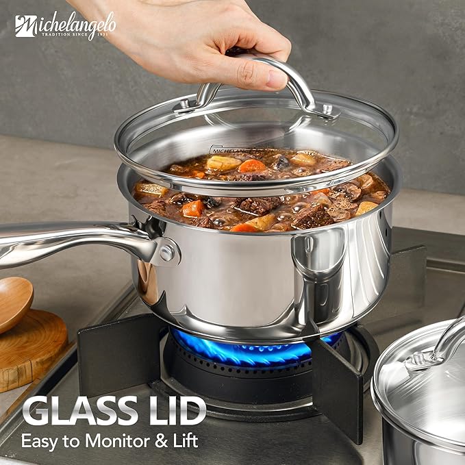 MICHELANGELO Saucepan Set 6pc with Steamer Insert, 18/10 Stainless Steel Sauce Pans with Lids, Tri-Ply Bottom Sauce Pots, Induction Compatible, 1QT & 2QT & 3QT