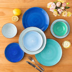 vancasso Bonita Plates and Bowls Sets 18 Pieces Blue Stoneware Service for 6, Modern Round Dinnerware Sets, Hand-Painted Spiral Dishes Set-Microwave and Dishwasher Safe (Blue,18 Pcs)
