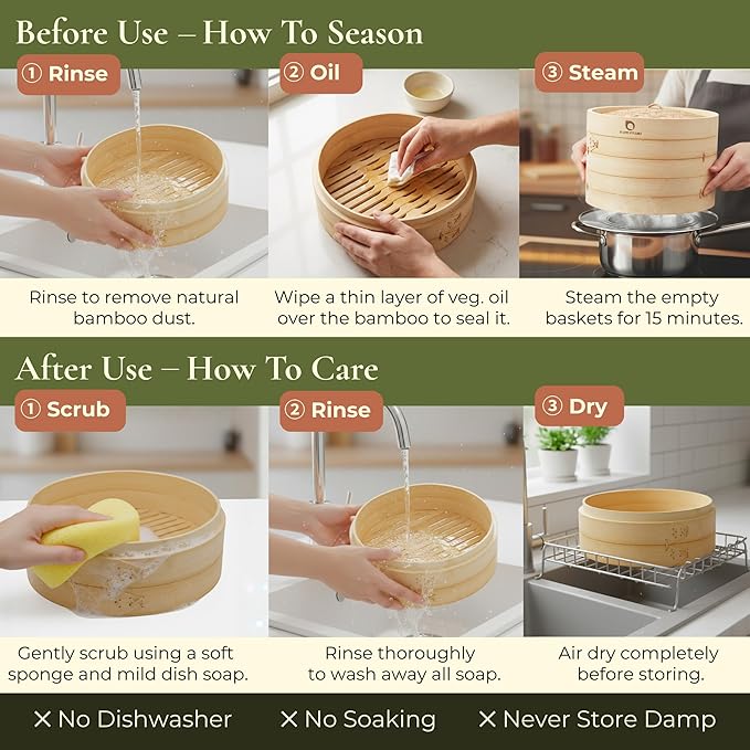 HAPPI STUDIO Bamboo Steamer Basket 10 Inch - 2 Tier Dumpling Steamer for Cooking Dim Sum Bao Buns Momo Rice Vegetables - Chinese Basket for Dumplings with Lid - Japanese Steam Baskets