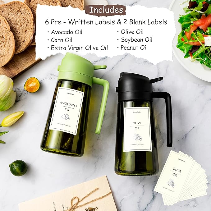 TrendPlain - Original 16oz/470ml Olive Oil Dispenser Bottle for Kitchen Gadgets and Air Fryer Accessories - Olive Oil Sprayer for Cooking w/Stickers - Yellow
