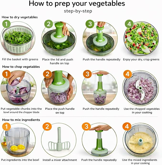 Brieftons Salad Spinner and Chopper: Large 6.3-Quart Lettuce Greens Vegetable Washer Dryer, with Bonus 0.95-Quart Veggie Chopper Mixer, Compact Storage, Easy Push Operation for Quick Veggie Prepping