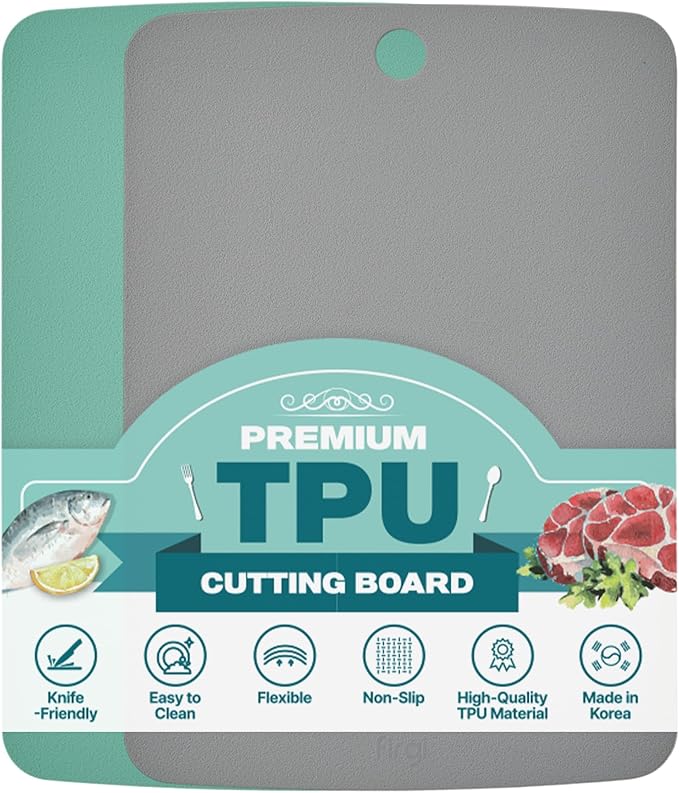 TPU Cutting Board Set of 2 9"x12" - Flexible Cutting Mats for Kitchen Knife Friendly, Cutting Mat Non-Slip Chopping Board Double Sided Scratch Resistant Food Grade Mint Gray