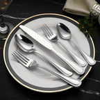 Amazon Basics Silverware Set, Stainless Steel Flatware, Dishwasher Safe, Easy to Clean, Service for 4, 20-Piece Forks and Spoons, Pearled Edge