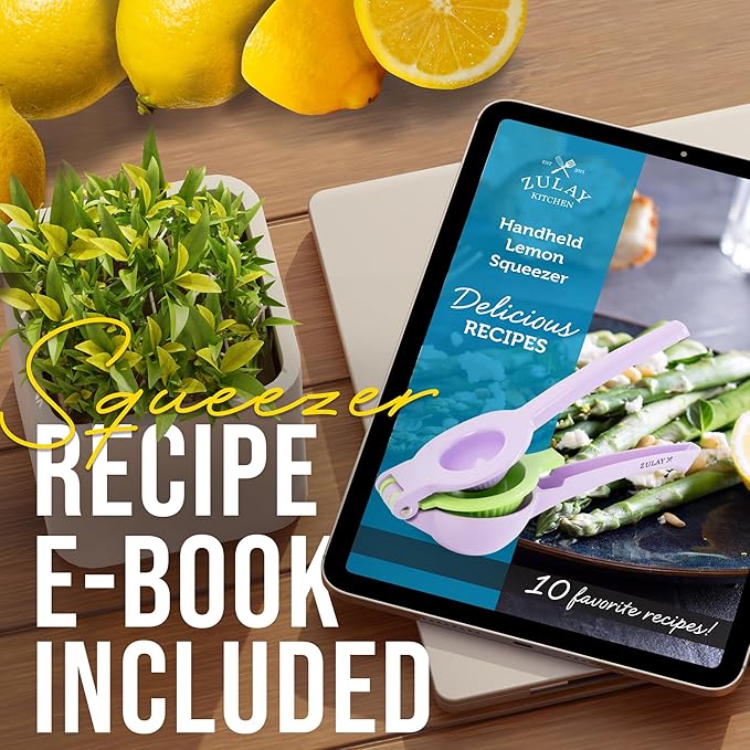 Zulay Kitchen Metal 2-in-1 Lemon Squeezer - Sturdy Max Extraction Hand Juicer Lemon Squeezer Gets Every Last Drop - Easy to Clean Manual Citrus Juicer - Easy-Use Lemon Juicer Squeezer - Purple/Lime