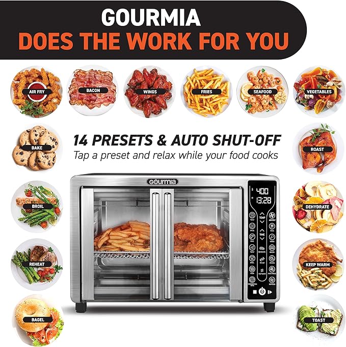 Gourmia French Door Air Fryer – 25 Qt Large Capacity Convection Oven, Fryfroce 360°, Digital Display with 17 Cooking Presets, Bake, Toast, Roast, Dehydrate, Fits 12” Pizza