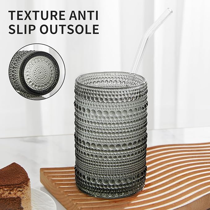 HomeVogue Hobnail Drinking Glasses Set of 12, 12oz & 15oz Vintage Glassware Set Cocktail Glass Set, Embossed Gray Water Tumbler,for Beer, Whiskey,Juice and Various Mixed Drinks