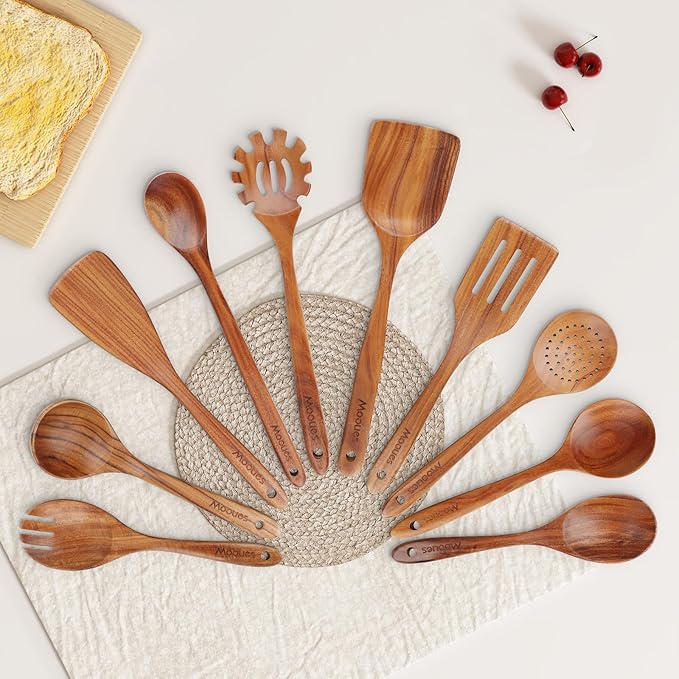 Mooues Wooden Spoons for Cooking, Wooden Utensils for Cooking Natural Teak Wooden Kitchen Utensils Set Comfort Grip (10 PCS SET)