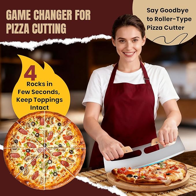 Pizza Cutter Rocker Blade with Wooden Handle, Premium 14inch Pizza Knife Rocker Cutter with Sharp Stainless Steel Blade and Protective Cover, Slicing Through Crust in One Single Rocking Motion