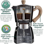 AGOGO Milano Moka Pot Stovetop Espresso Maker with 100 Paper Filters for Sediment-Free Coffee, Classic Italian Greca with Wood-Grain Handle,Cleaning Brush & Towel 6 Cup (10oz / 300ml) Black