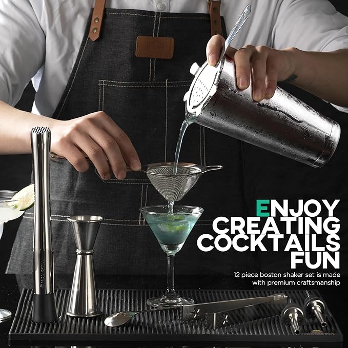 Homestia Boston Shaker Set Mixology Bartender Kits Bar Tool Set, Stainless Steel Martini Shaker Set, 12 Pcs Cocktail Bartending Kits Barware Bartender Sets for Home Bar Party, (Silver)