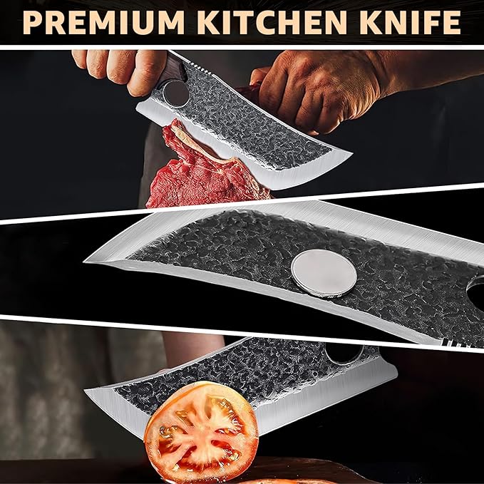 DRGSKL Hand Forged Meat Cleaver Knife Fathers Butcher Knives for Meat Cutting Full Tang Chef Knife with Belt Sheath and Gift Box High Carbon Steel for Kitchen or Camping, Gift for Dad