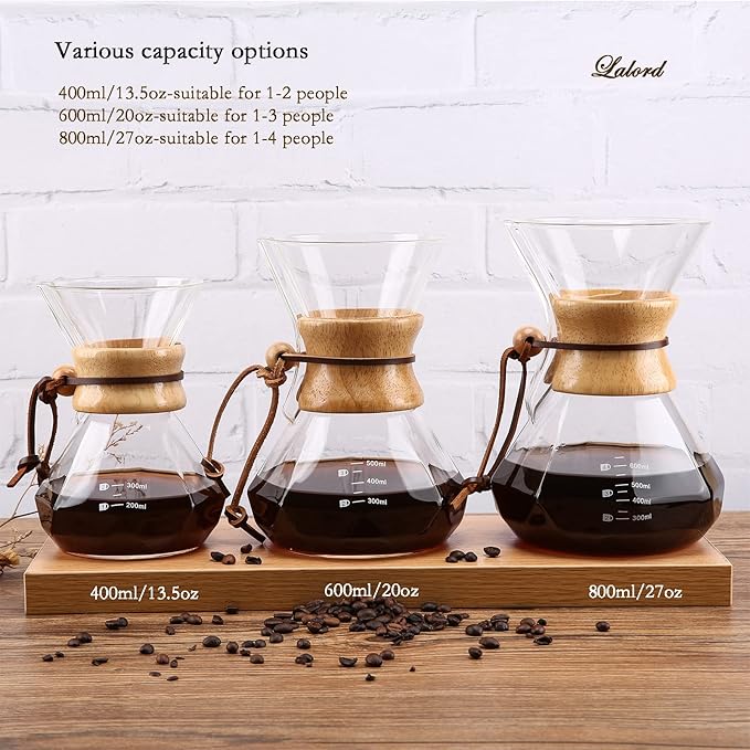 Lalord Pour Over Coffee Maker with Stainless Steel Filter, Borosilicate Glass Coffee Carafe, Modern Wooden Collar, Coffee Maker Carafe, Hold 2 Cups, 400 ml/13.5 oz, Clear