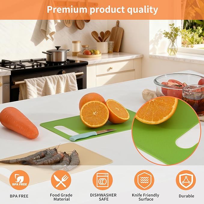 Luckyiren Cutting Board Set of 4, 11.4" x 7.5" x 0.1", Red Green Yellow White, Plastic Kitchen Cutting Boards with Juice Groove & Handle Hole, Lightweight & Dishwasher Safe