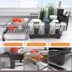 Runnatal Dish Drying Rack - Expandable Dish Rack, Large Drying Dish Drainer Over Sink with Drainboard, Utensil Holder & Cup Holder, Stainless Steel Dish Strainer for Kitchen Counter, Black