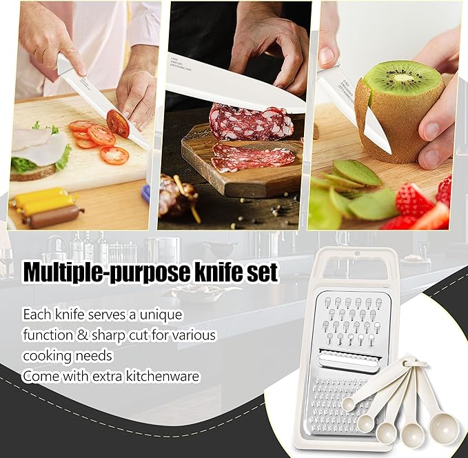 HaWare Knife Set, 21 Pieces Stainless Steel Kitchen Knife Block Set, White Chef Knife Sets with Measuring Spoon & Slicer for Home, 6 Steak Kinves, Sharp Blade & Light Weight Cutlery, Ergonomic Handle