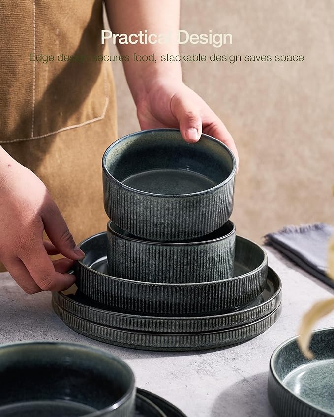 Famiware Star 18-Piece Reactive Glaze Plates and Bowls Sets, Service for 6 - Stoneware Dinnerware with Trim, Modern Rustic Dishes, Chip & Scratch Resistant, Microwave & Dishwasher Safe, Deep Forest