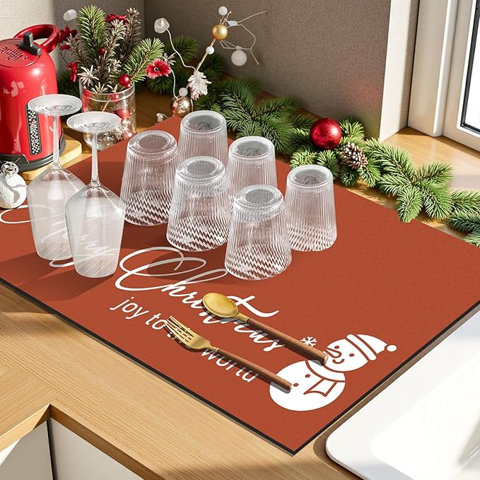 Findosom Christmas Dish Drying Mat, 12" x 20" Super Absorbent & Cuttable Dish Mat with Hello Sunshine Pattern, Hide Stain Drying Mat for Kitchen Counter Coffee Maker Dining Room Decoration, Red